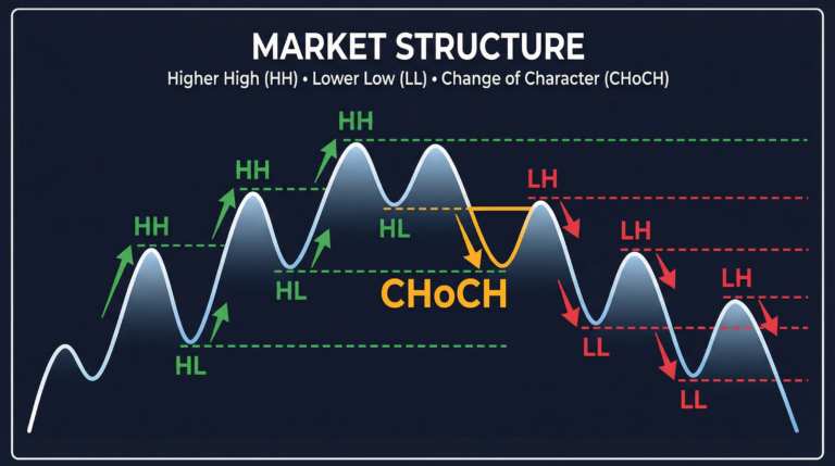 Trhová štruktúra: higher high, lower low a zmena charakteru trhu